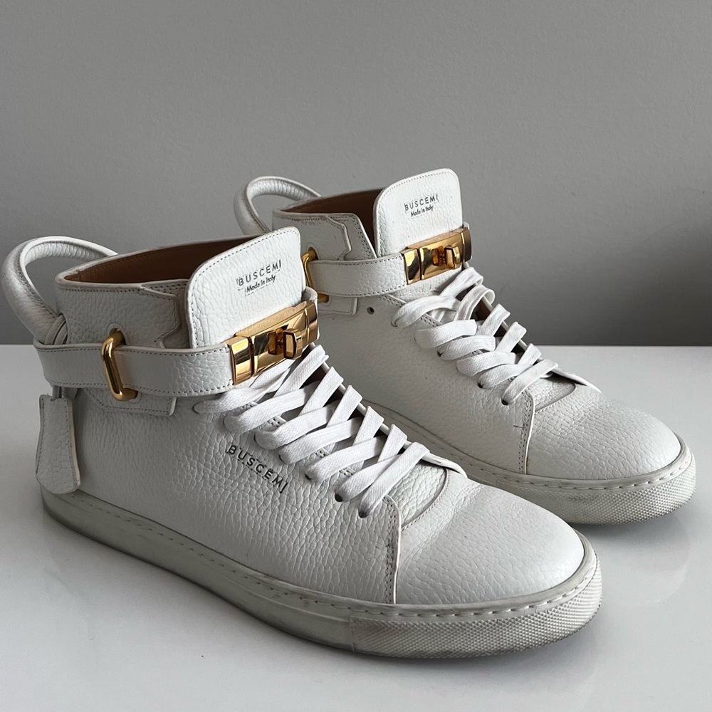 Buscemi White and Gold High-Top Sneakers